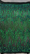 Miranda Iridescent GREEN BLUE Mermaid Vines and Leaves Sequins on BLACK Mesh Lace Fabric by the Yard - 10061