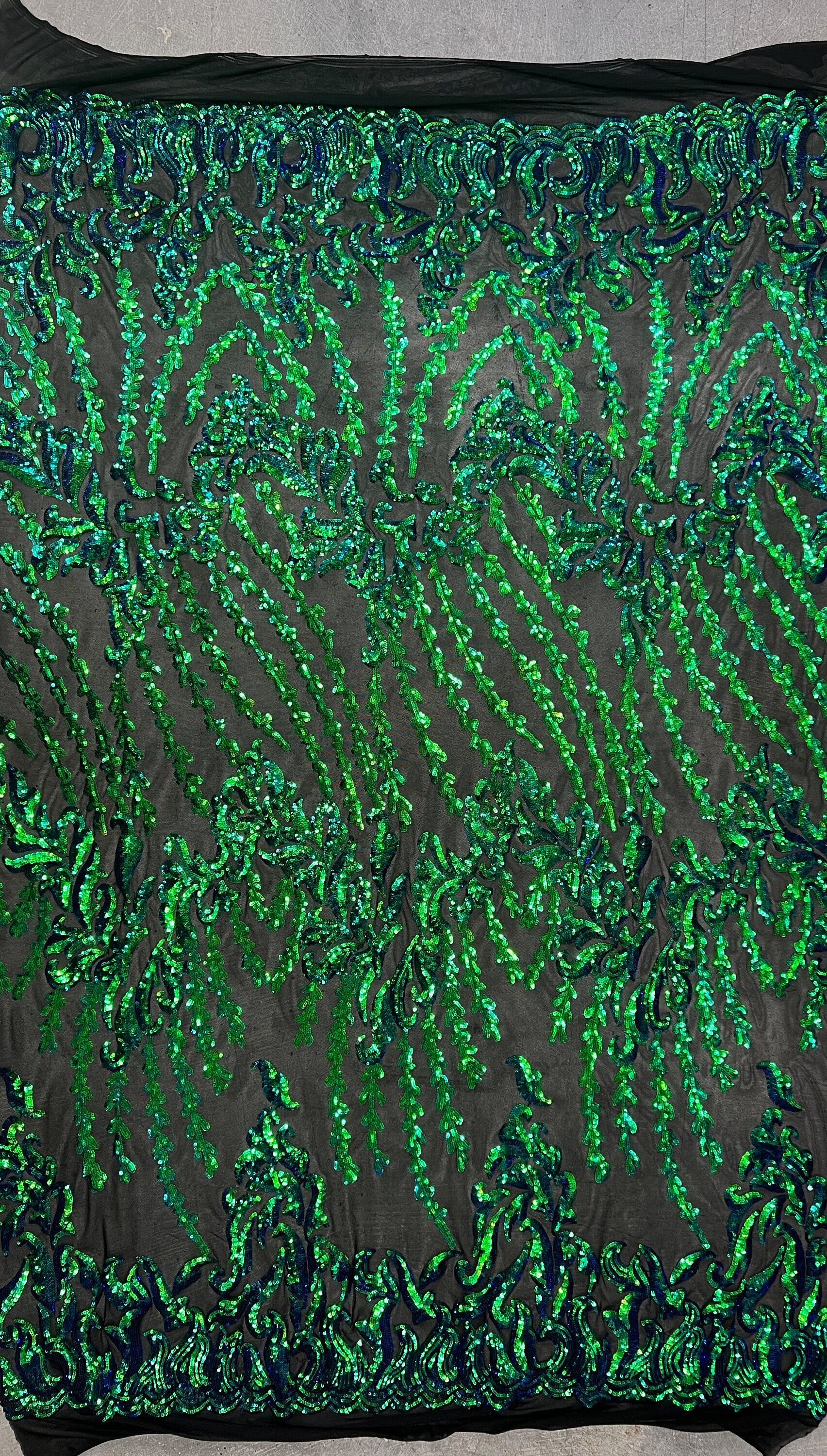 Miranda Iridescent GREEN BLUE Mermaid Vines and Leaves Sequins on BLACK Mesh Lace Fabric by the Yard - 10061