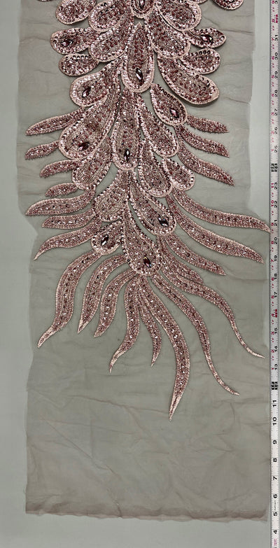Angela DUSTY PINK Vegas Peacock Beaded Sequins Embroidered on Mesh Lace Fabric by Panel - 10227