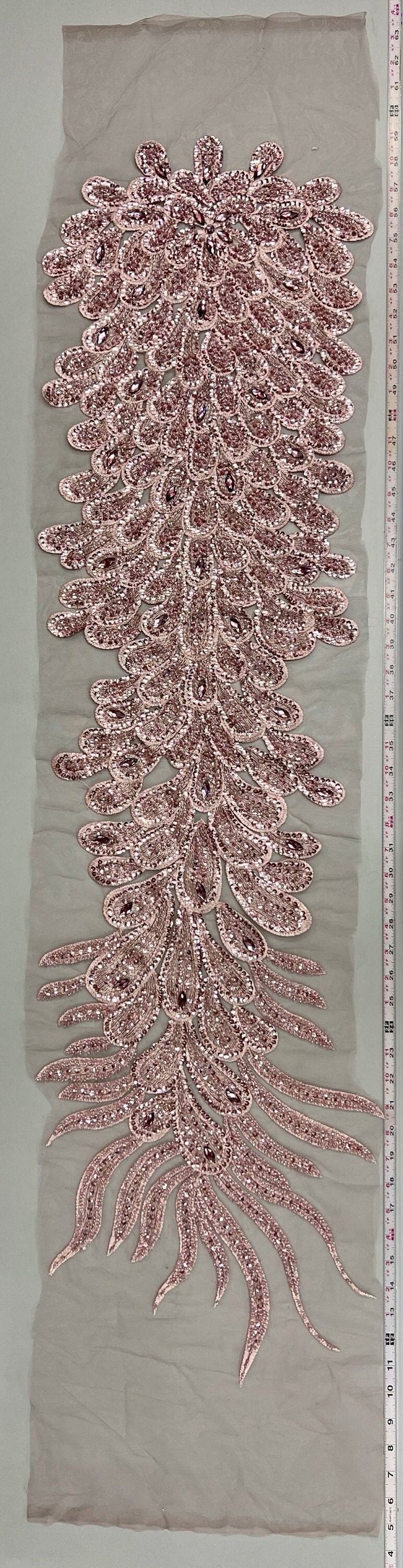 Angela DUSTY PINK Vegas Peacock Beaded Sequins Embroidered on Mesh Lace Fabric by Panel - 10227