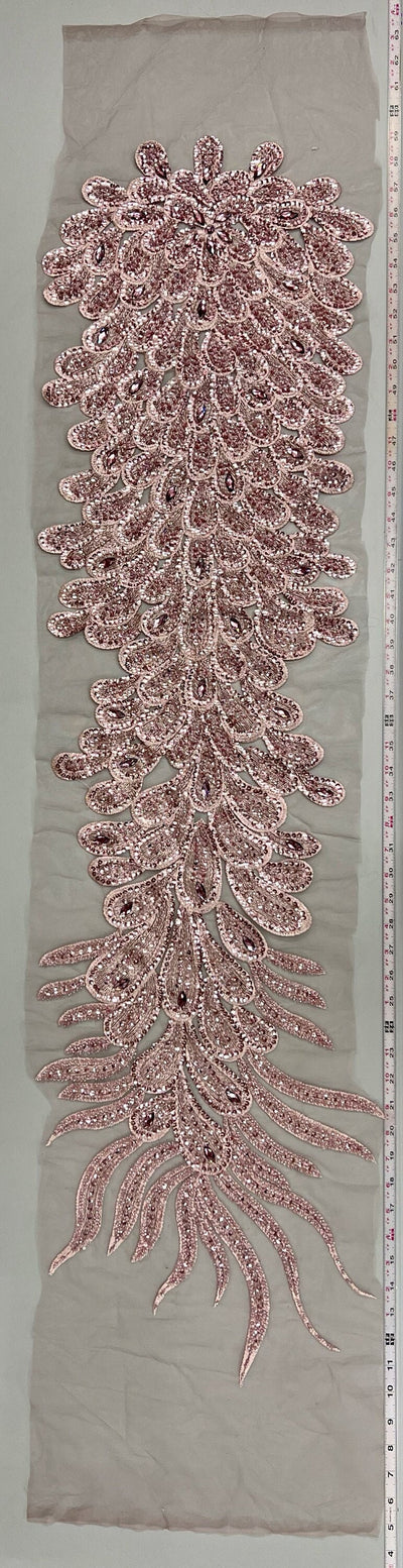 Angela DUSTY PINK Vegas Peacock Beaded Sequins Embroidered on Mesh Lace Fabric by Panel - 10227