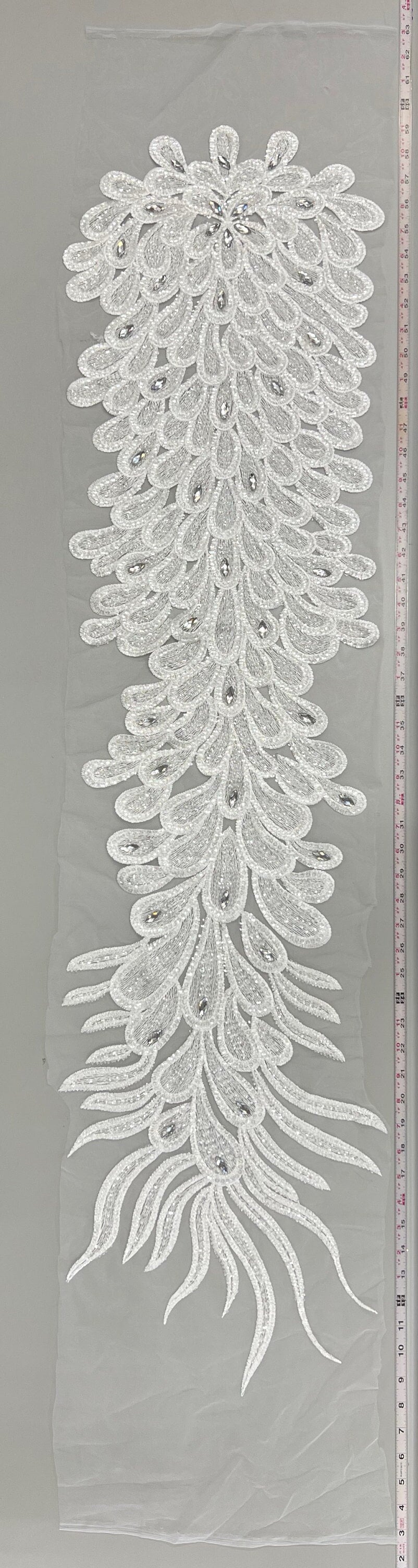 Angela WHITE Vegas Peacock Beaded Sequins Embroidered on Mesh Lace Fabric by Panel - 10227