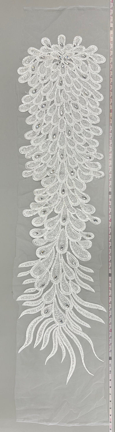 Angela WHITE Vegas Peacock Beaded Sequins Embroidered on Mesh Lace Fabric by Panel - 10227