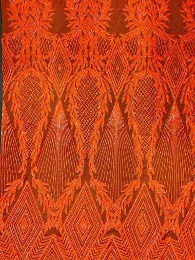 Francesca BRIGHT ORANGE Vines and Diamonds Pattern Sequins on Mesh Lace Fabric by the Yard - 10130