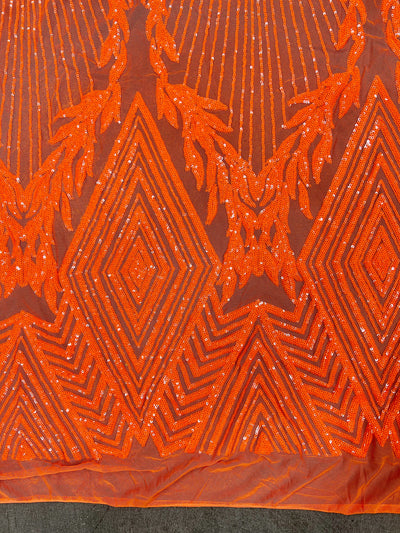 Francesca BRIGHT ORANGE Vines and Diamonds Pattern Sequins on Mesh Lace Fabric by the Yard - 10130