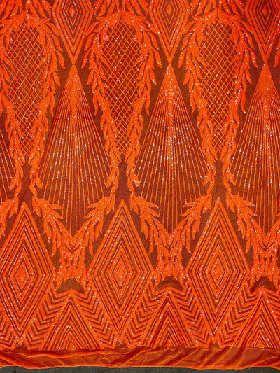 Francesca BRIGHT ORANGE Vines and Diamonds Pattern Sequins on Mesh Lace Fabric by the Yard - 10130