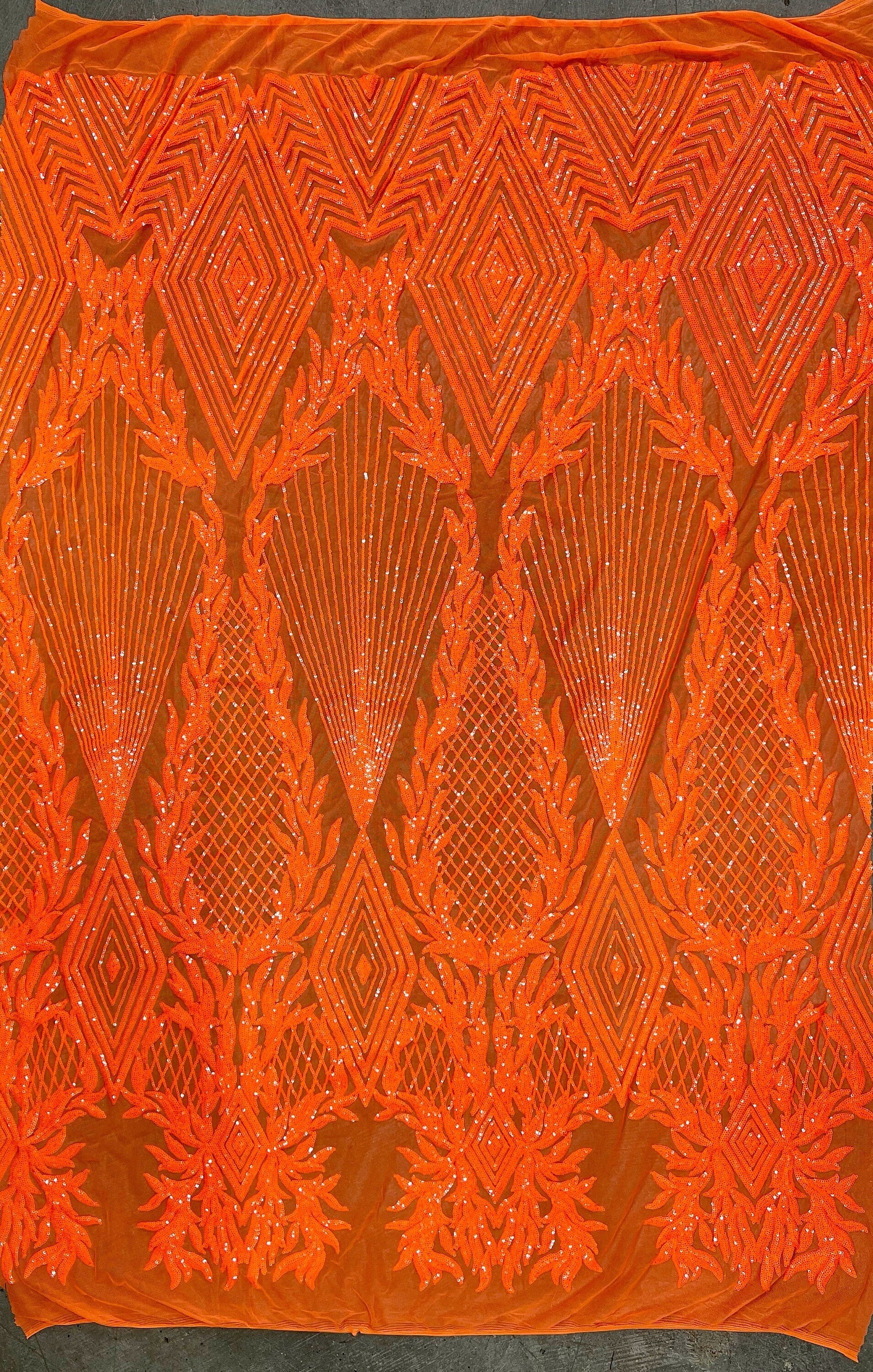 Francesca BRIGHT ORANGE Vines and Diamonds Pattern Sequins on Mesh Lace Fabric by the Yard - 10130