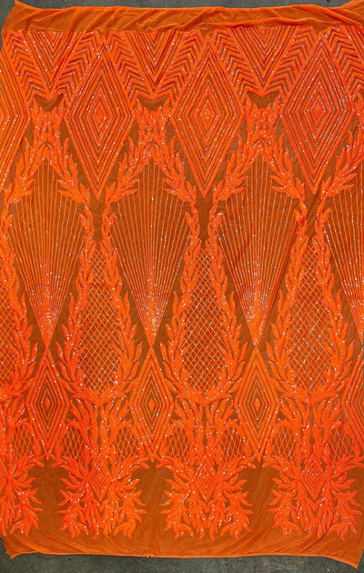 Francesca BRIGHT ORANGE Vines and Diamonds Pattern Sequins on Mesh Lace Fabric by the Yard - 10130