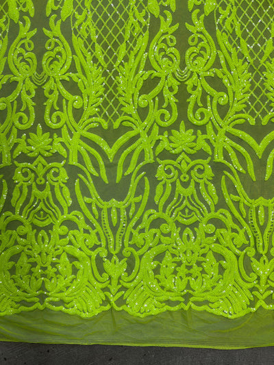 Phoebe NEON YELLOW GREEN Sequins on Mesh Lace Fabric by the Yard - 10062