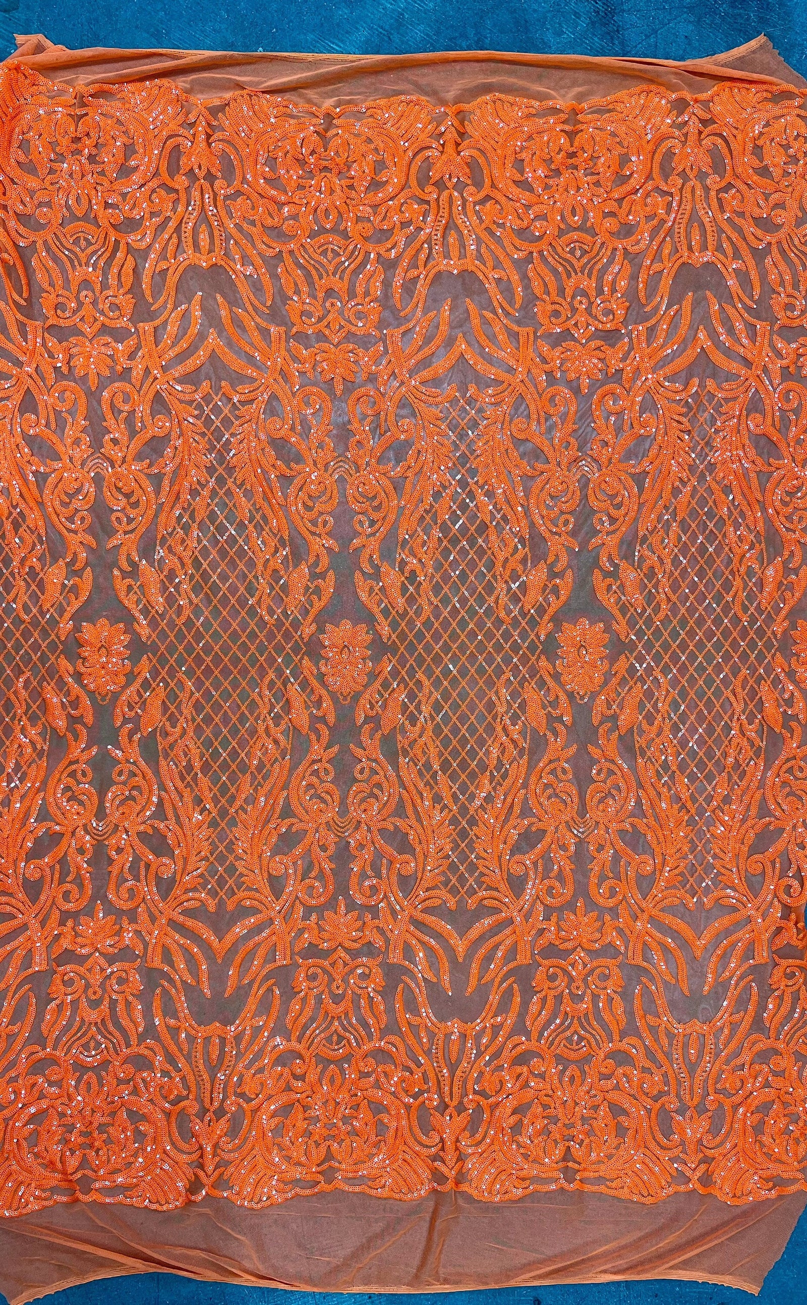 Phoebe ORANGE Sequins on Mesh Lace Fabric by the Yard - 10062