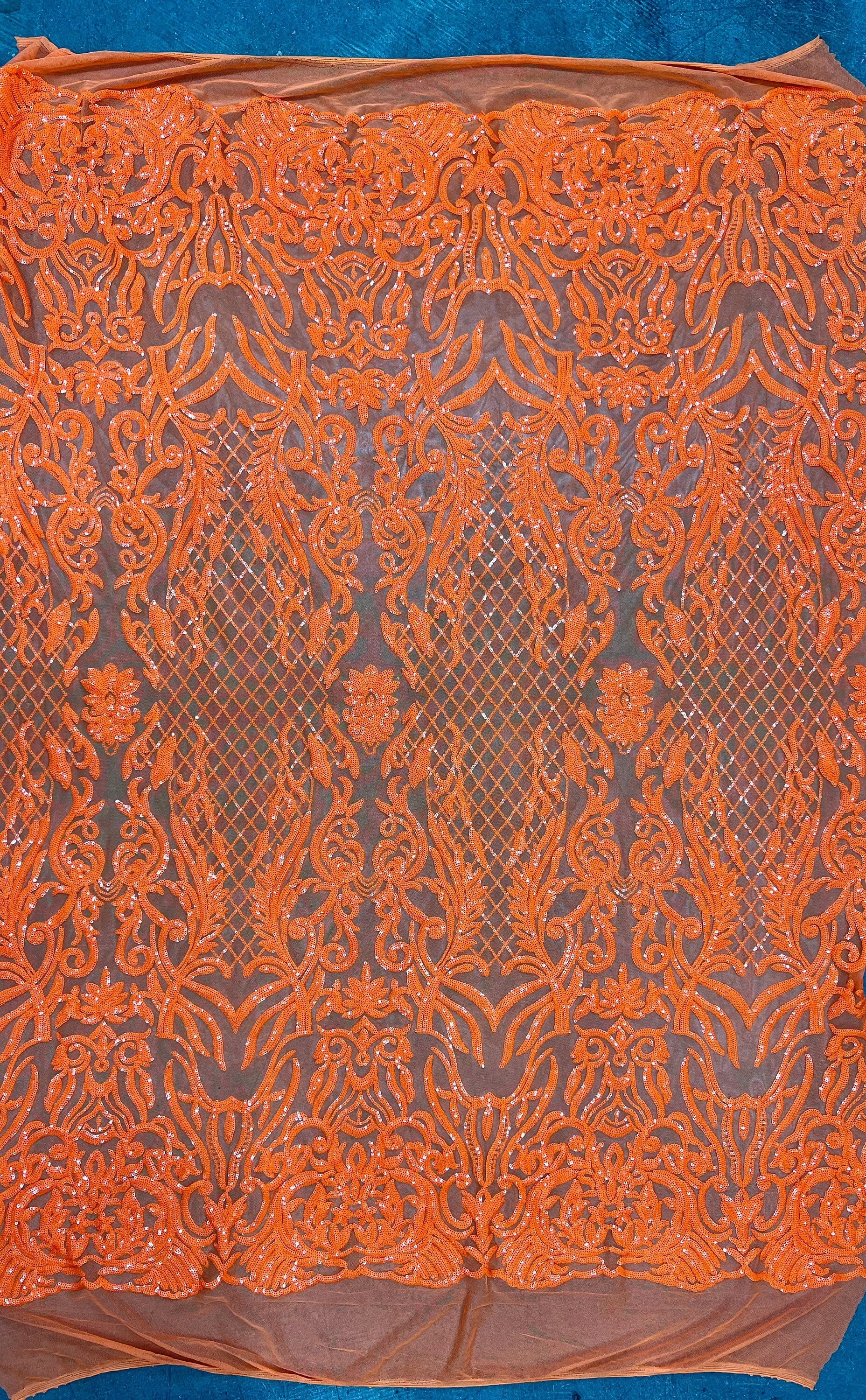 Phoebe ORANGE Sequins on Mesh Lace Fabric by the Yard - 10062
