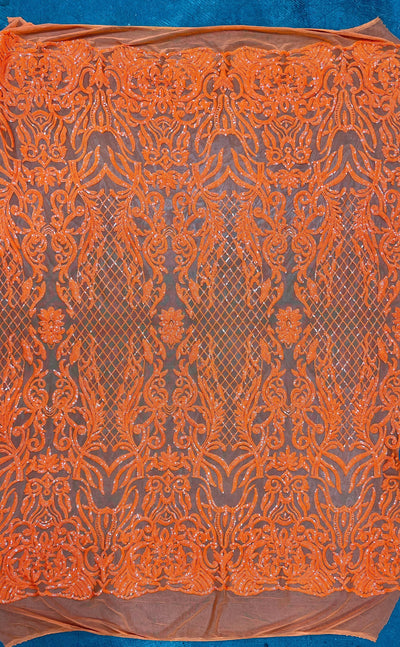 Phoebe ORANGE Sequins on Mesh Lace Fabric by the Yard - 10062