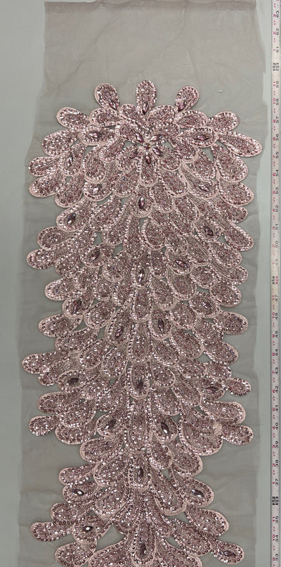 Angela DUSTY PINK Vegas Peacock Beaded Sequins Embroidered on Mesh Lace Fabric by Panel - 10227