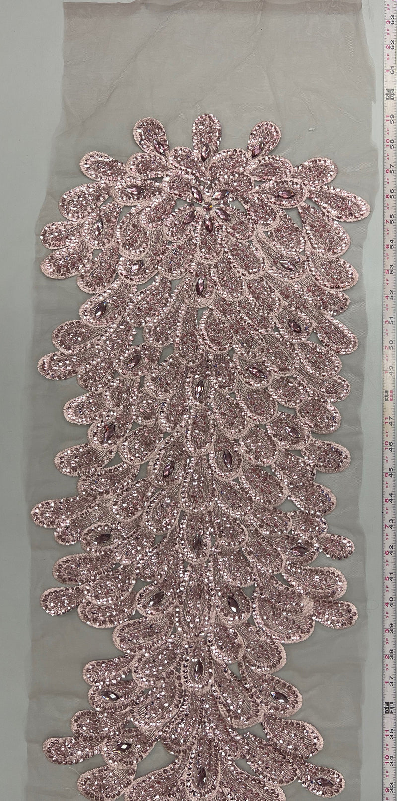 Angela DUSTY PINK Vegas Peacock Beaded Sequins Embroidered on Mesh Lace Fabric by Panel - 10227