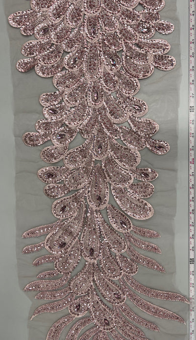 Angela DUSTY PINK Vegas Peacock Beaded Sequins Embroidered on Mesh Lace Fabric by Panel - 10227