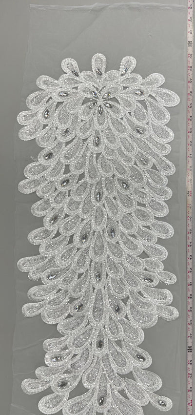 Angela WHITE Vegas Peacock Beaded Sequins Embroidered on Mesh Lace Fabric by Panel - 10227