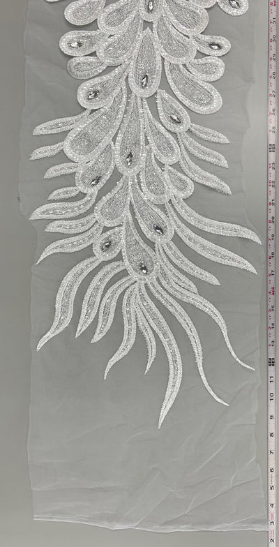 Angela WHITE Vegas Peacock Beaded Sequins Embroidered on Mesh Lace Fabric by Panel - 10227