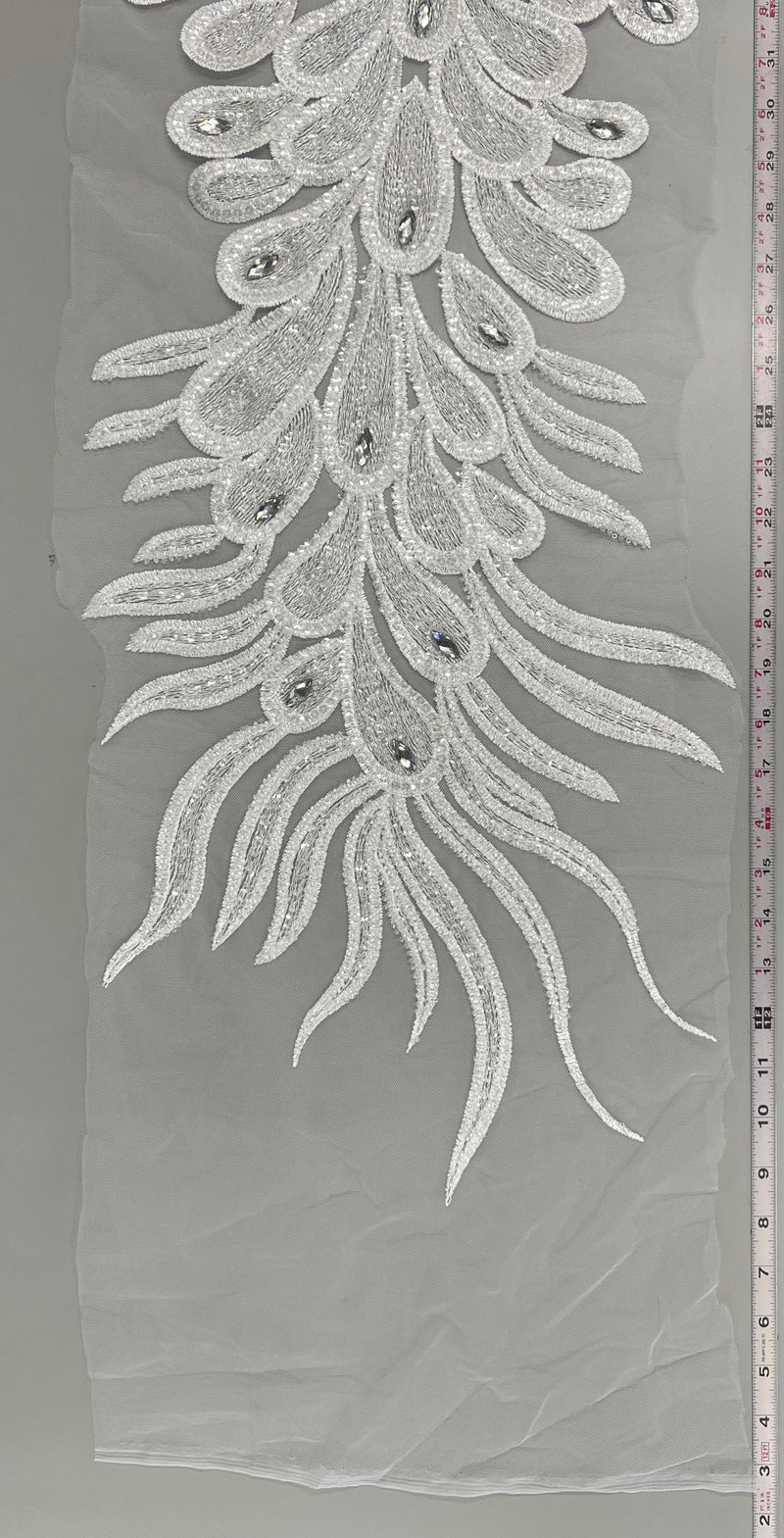 Angela WHITE Vegas Peacock Beaded Sequins Embroidered on Mesh Lace Fabric by Panel - 10227