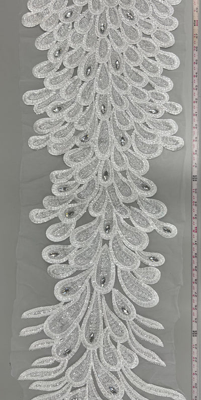 Angela WHITE Vegas Peacock Beaded Sequins Embroidered on Mesh Lace Fabric by Panel - 10227