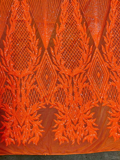 Francesca BRIGHT ORANGE Vines and Diamonds Pattern Sequins on Mesh Lace Fabric by the Yard - 10130