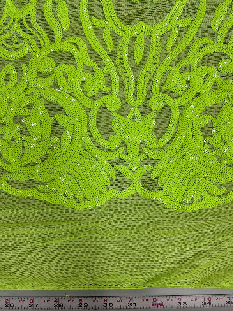 Phoebe NEON YELLOW GREEN Sequins on Mesh Lace Fabric by the Yard - 10062