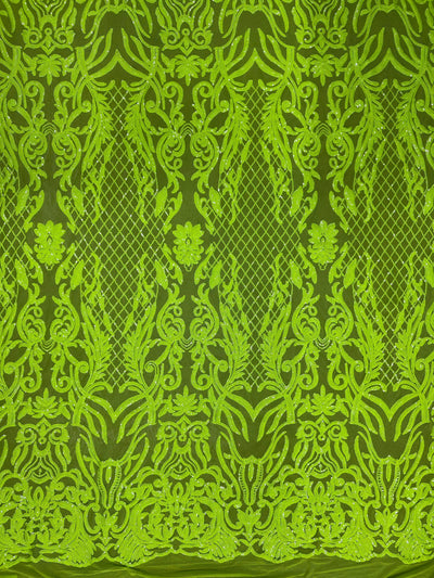 Phoebe NEON YELLOW GREEN Sequins on Mesh Lace Fabric by the Yard - 10062