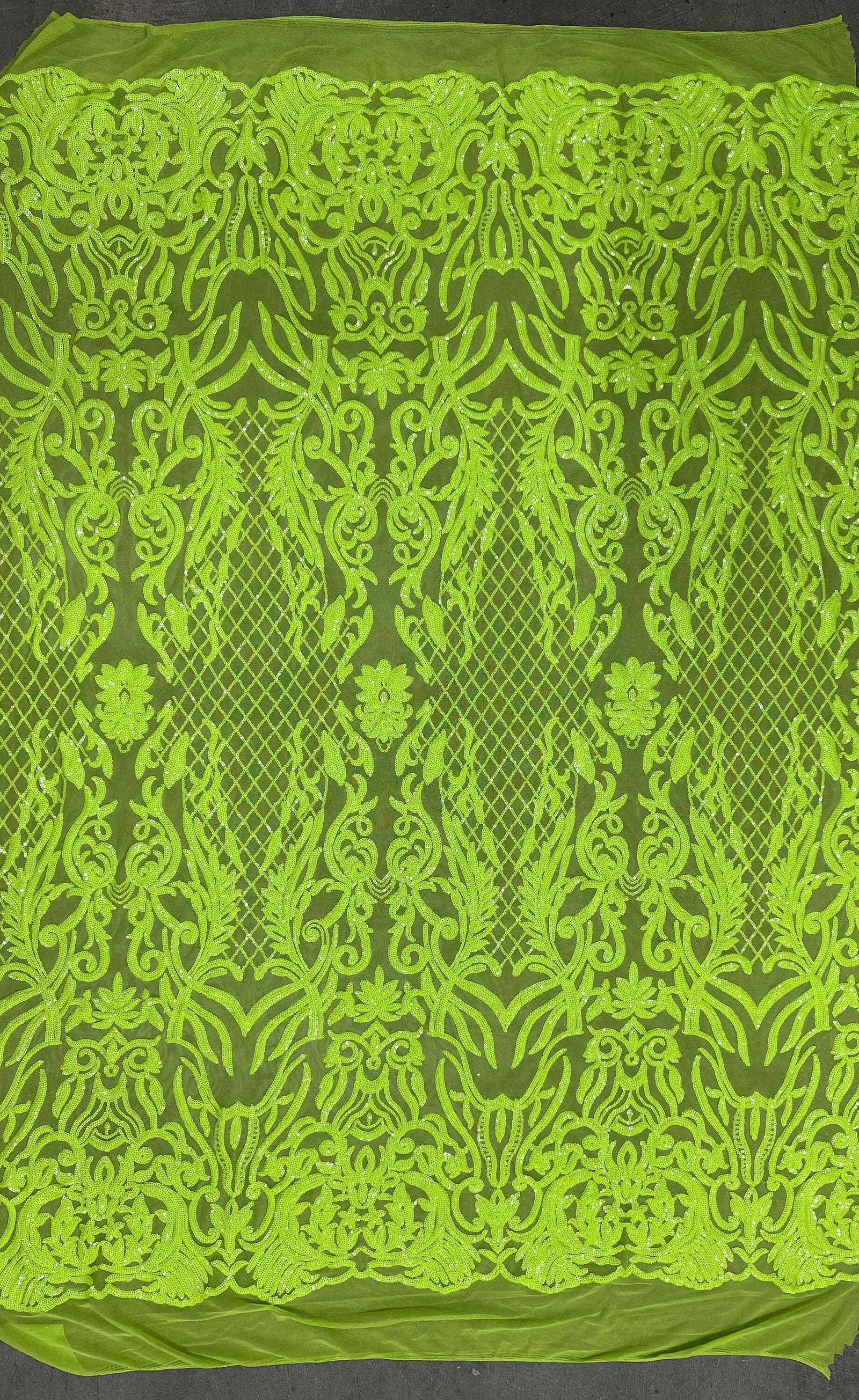 Phoebe NEON YELLOW GREEN Sequins on Mesh Lace Fabric by the Yard - 10062