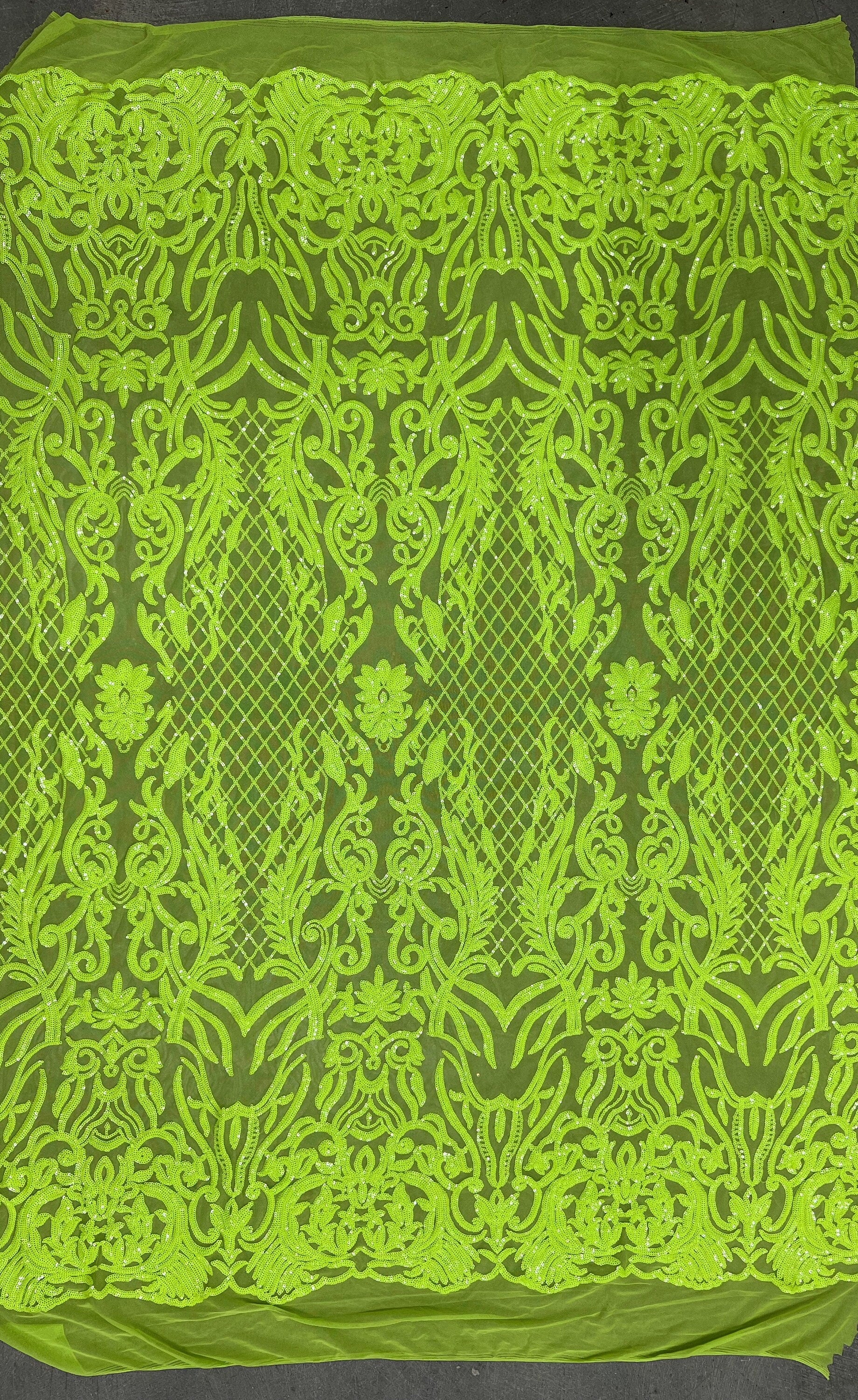 Phoebe NEON YELLOW GREEN Sequins on Mesh Lace Fabric by the Yard - 10062
