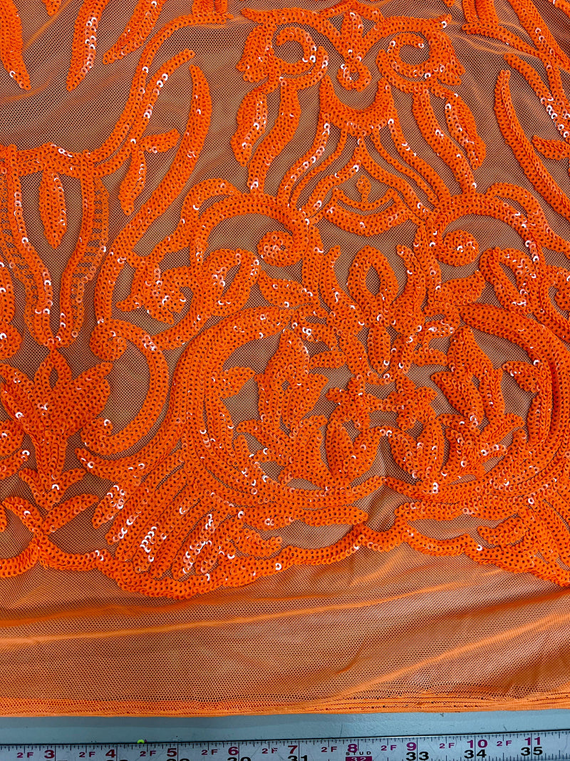 Phoebe ORANGE Sequins on Mesh Lace Fabric by the Yard - 10062