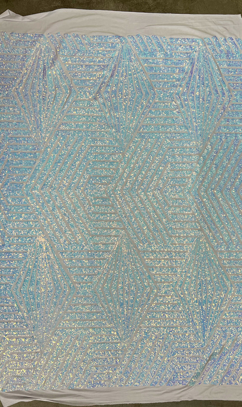 Thea IRIDESCENT WHITE Geometric Sequins Diamond & Stripes on WHITE Poly Spandex Fabric by the Yard - 10026