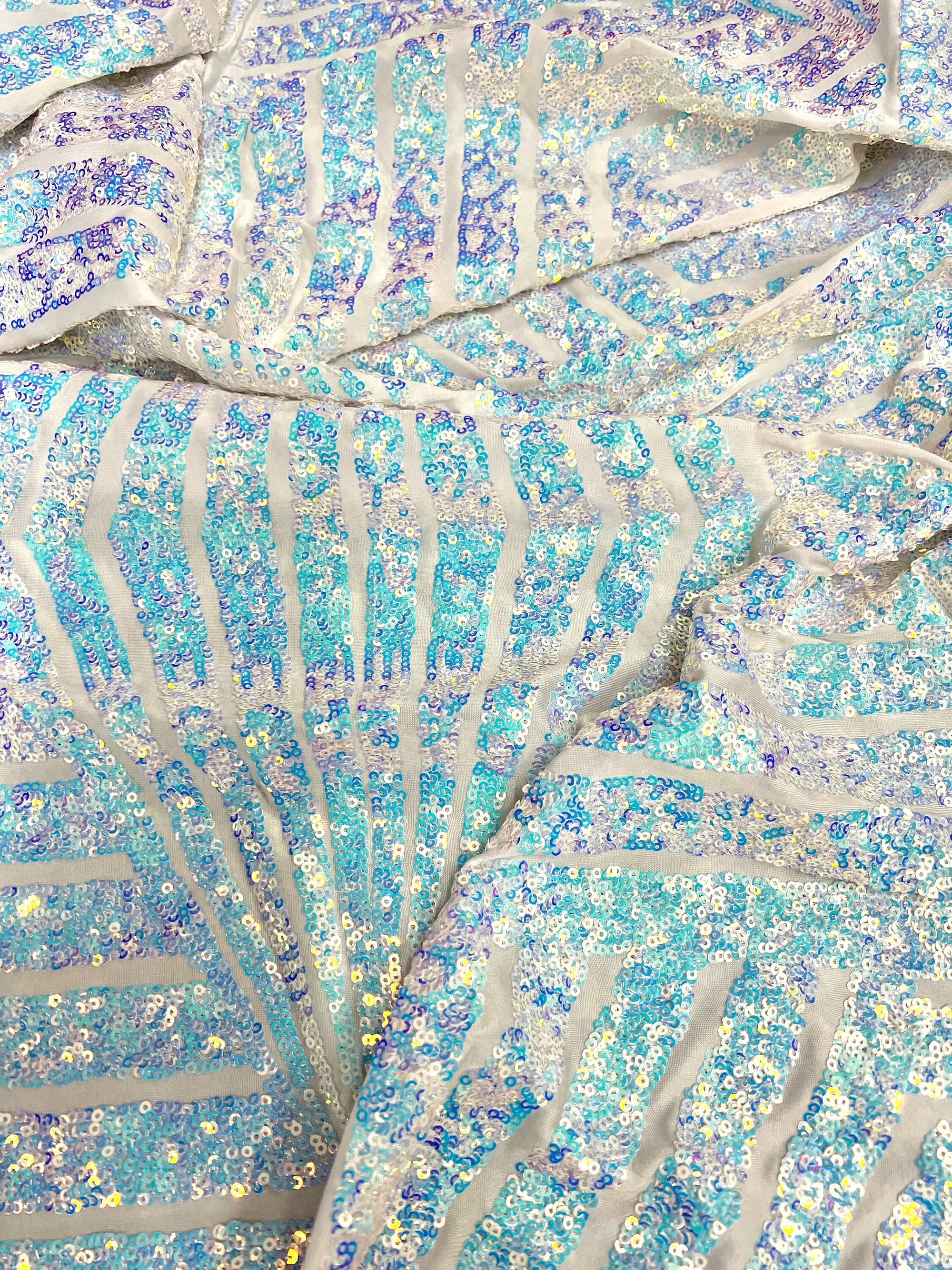 Thea IRIDESCENT WHITE Geometric Sequins Diamond & Stripes on WHITE Poly Spandex Fabric by the Yard - 10026