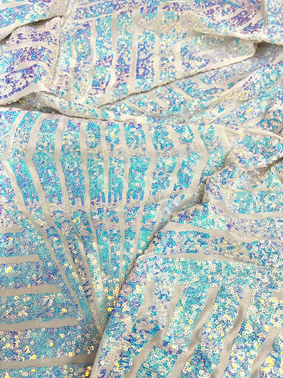 Thea IRIDESCENT WHITE Geometric Sequins Diamond & Stripes on WHITE Poly Spandex Fabric by the Yard - 10026
