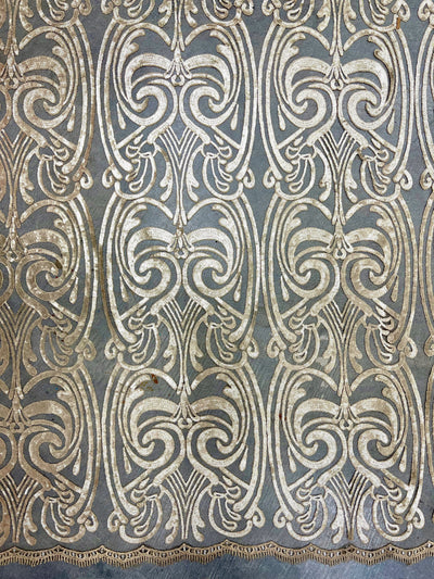 Elsie BEIGE Curlicue Sequins on Mesh Lace Fabric by the Yard - 10112