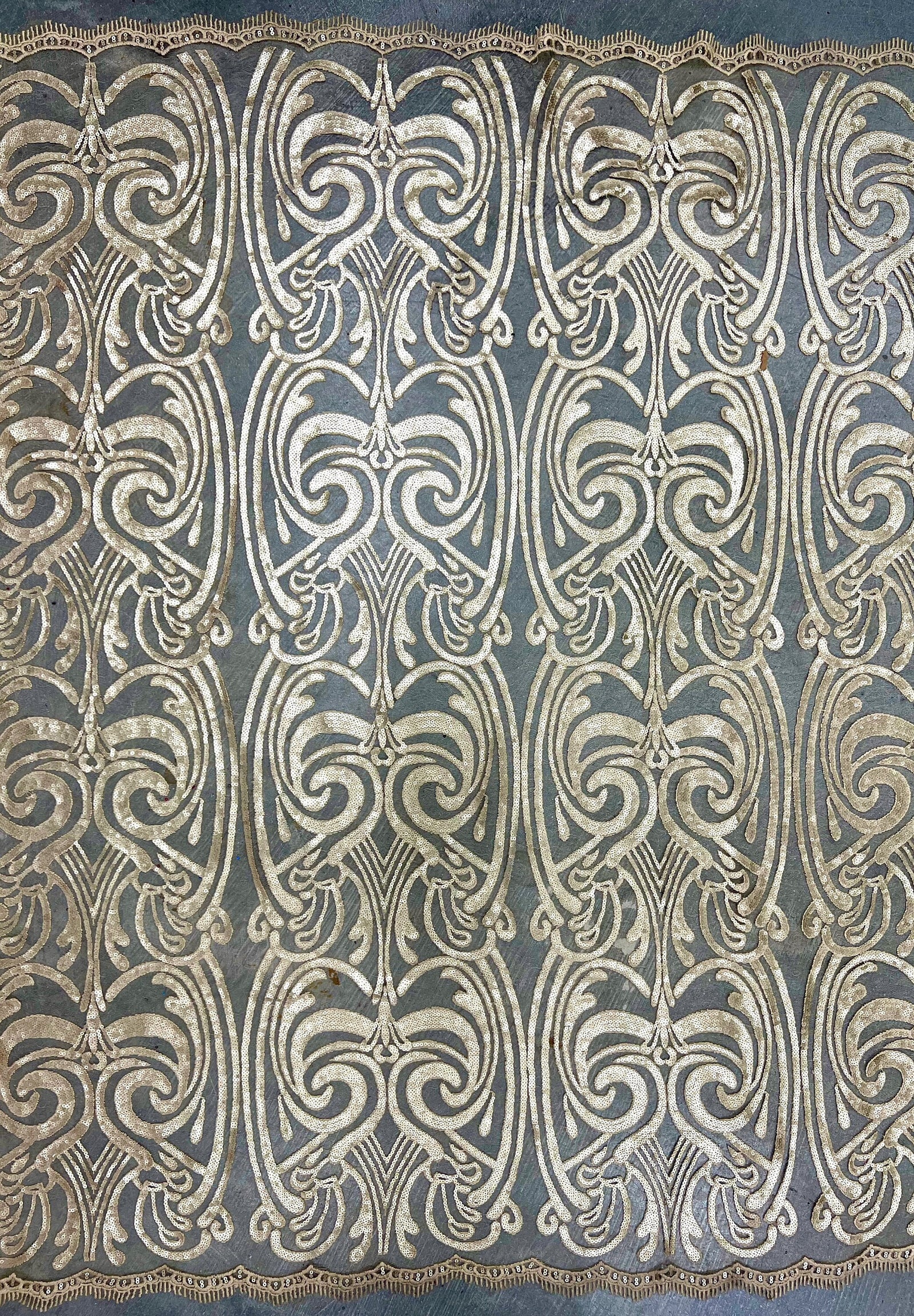 Elsie BEIGE Curlicue Sequins on Mesh Lace Fabric by the Yard - 10112