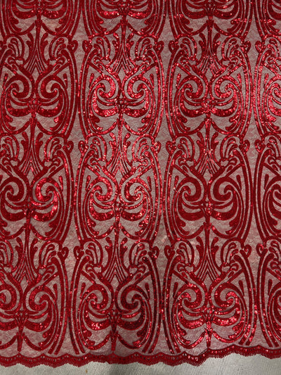 Elsie RED Curlicue Sequins on Mesh Lace Fabric by the Yard - 10112