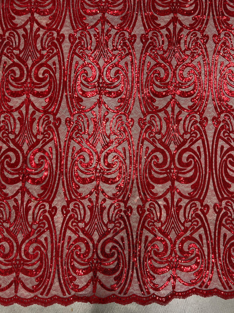 Elsie RED Curlicue Sequins on Mesh Lace Fabric by the Yard - 10112