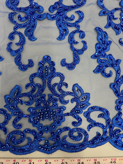 Helena-B ROYAL BLUE Embroidered Damask Pattern with Faux Pearls and Beads on Mesh Lace Fabric by the Yard - 10225
