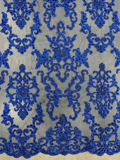 Helena-B ROYAL BLUE Embroidered Damask Pattern with Faux Pearls and Beads on Mesh Lace Fabric by the Yard - 10225