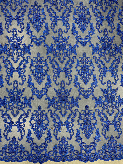 Helena-B ROYAL BLUE Embroidered Damask Pattern with Faux Pearls and Beads on Mesh Lace Fabric by the Yard - 10225