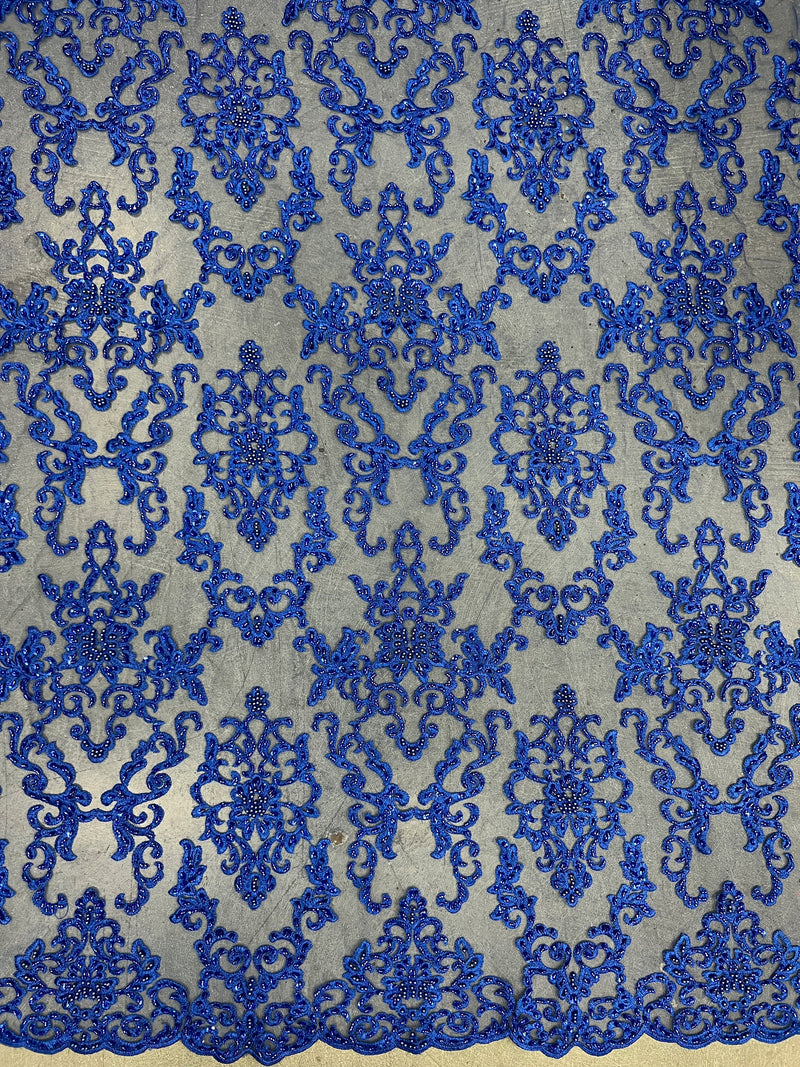 Helena-B ROYAL BLUE Embroidered Damask Pattern with Faux Pearls and Beads on Mesh Lace Fabric by the Yard - 10225