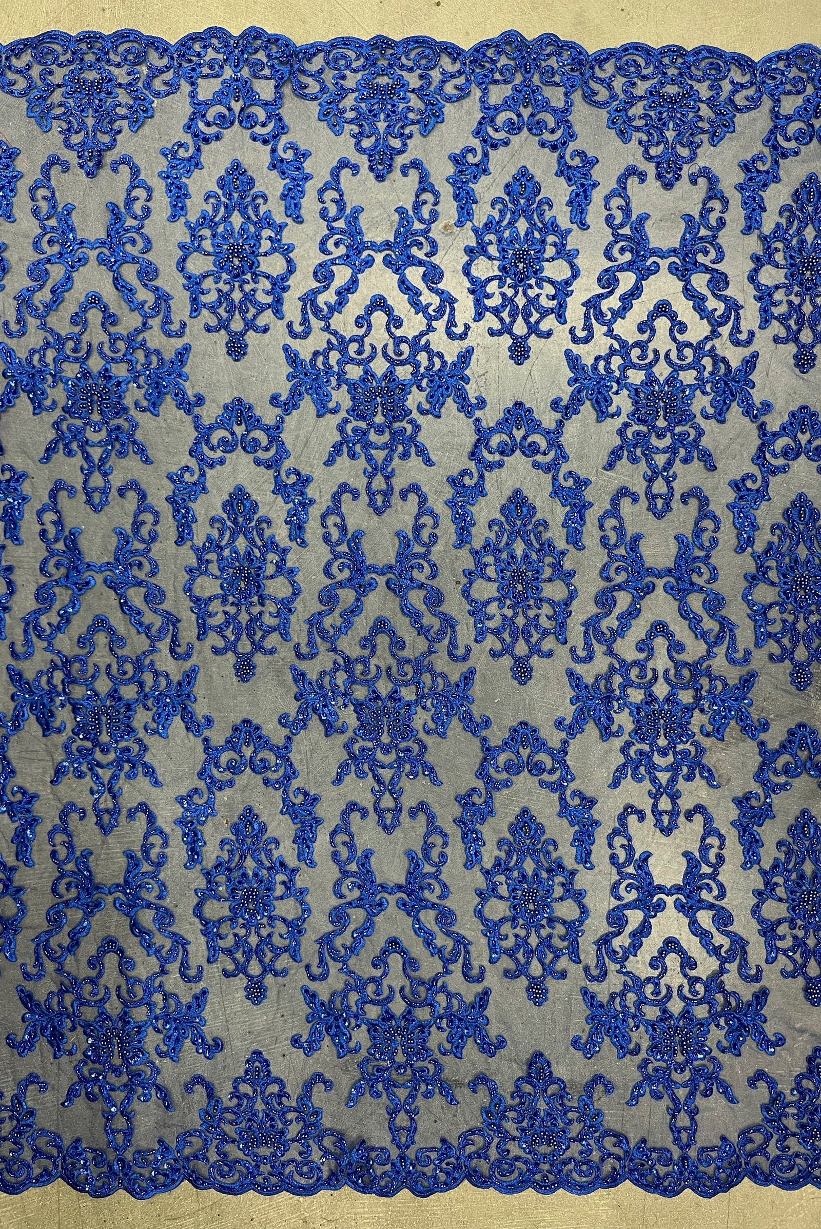 Helena-B ROYAL BLUE Embroidered Damask Pattern with Faux Pearls and Beads on Mesh Lace Fabric by the Yard - 10225