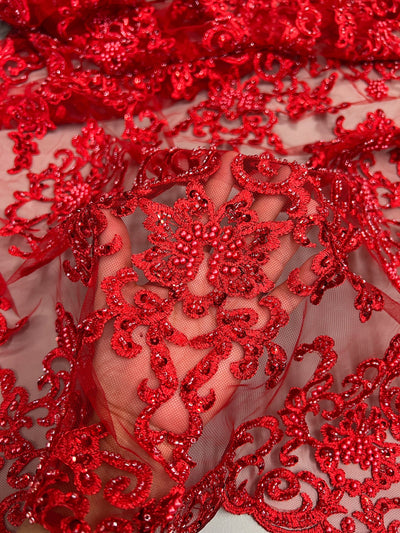 Helena-B RED Embroidered Damask Pattern with Faux Pearls and Beads on Mesh Lace Fabric by the Yard - 10225