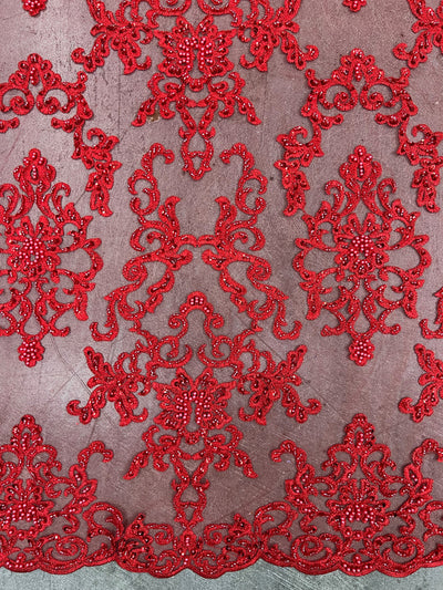 Helena-B RED Embroidered Damask Pattern with Faux Pearls and Beads on Mesh Lace Fabric by the Yard - 10225