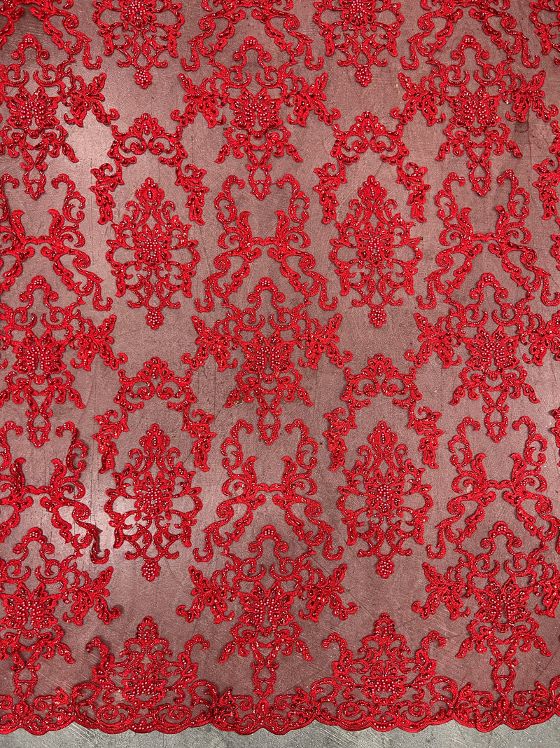 Helena-B RED Embroidered Damask Pattern with Faux Pearls and Beads on Mesh Lace Fabric by the Yard - 10225