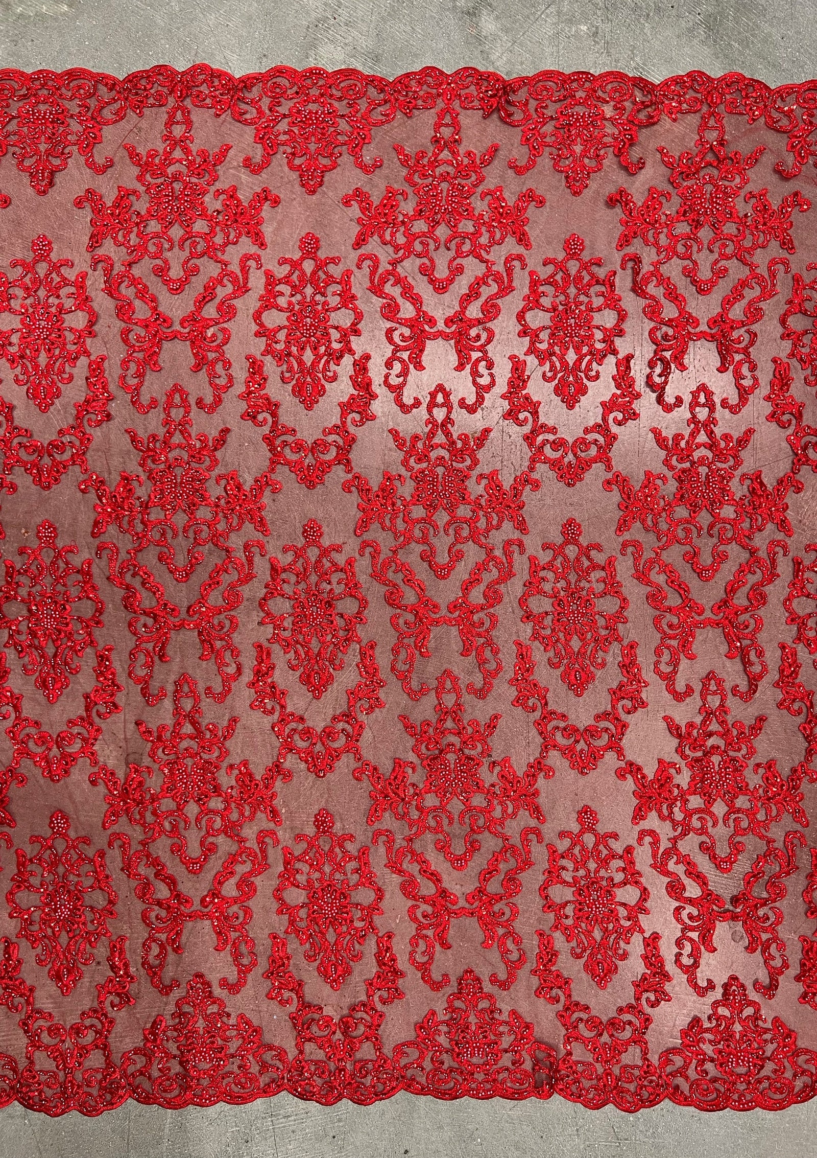 Helena-B RED Embroidered Damask Pattern with Faux Pearls and Beads on Mesh Lace Fabric by the Yard - 10225