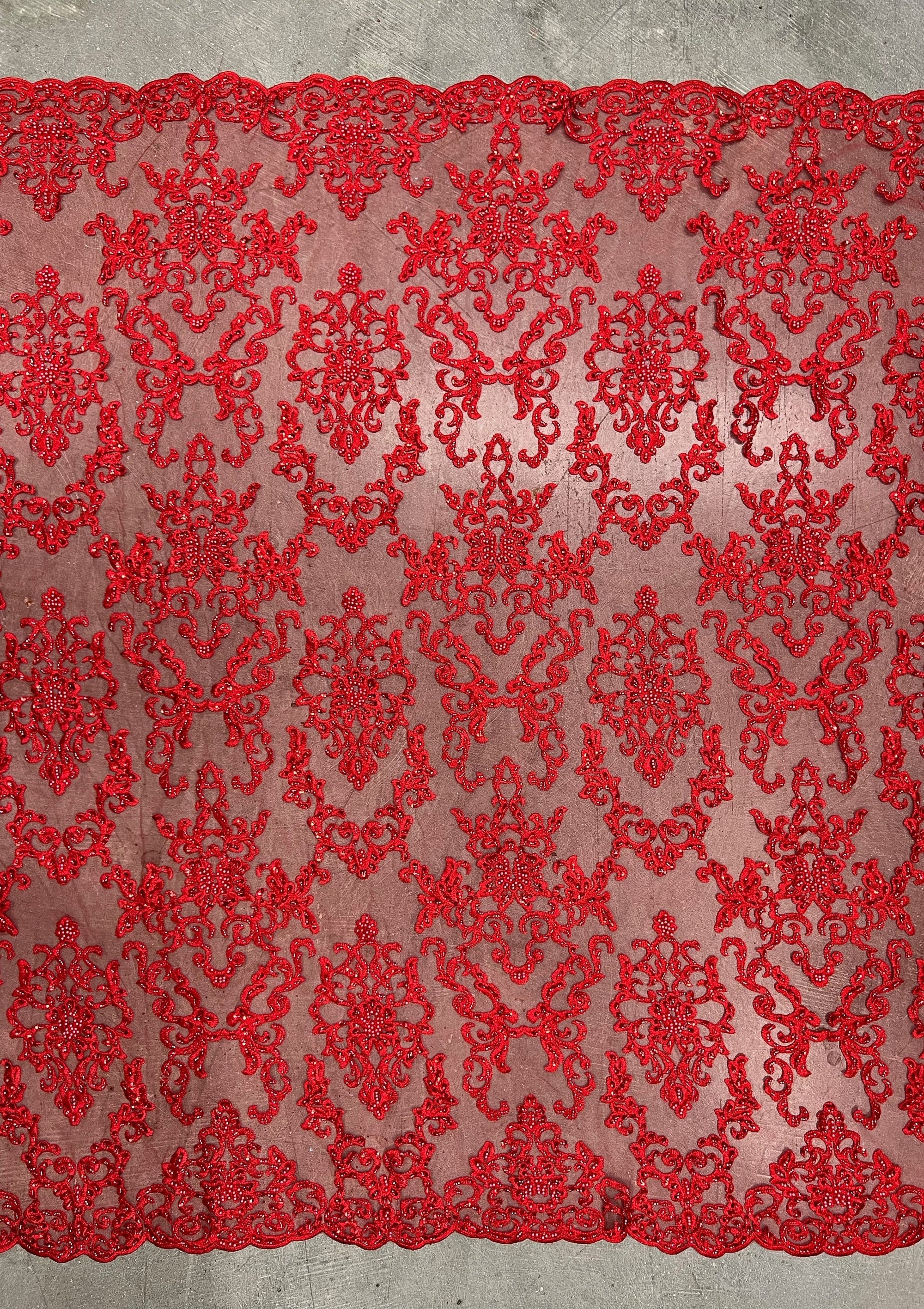 Helena-B RED Embroidered Damask Pattern with Faux Pearls and Beads on Mesh Lace Fabric by the Yard - 10225