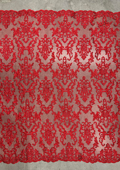 Helena-B RED Embroidered Damask Pattern with Faux Pearls and Beads on Mesh Lace Fabric by the Yard - 10225