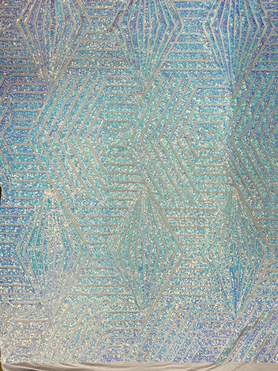 Thea IRIDESCENT WHITE Geometric Sequins Diamond & Stripes on WHITE Poly Spandex Fabric by the Yard - 10026