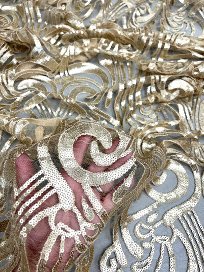 Elsie BEIGE Curlicue Sequins on Mesh Lace Fabric by the Yard - 10112