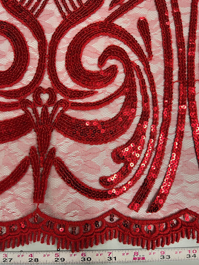 Elsie RED Curlicue Sequins on Mesh Lace Fabric by the Yard - 10112